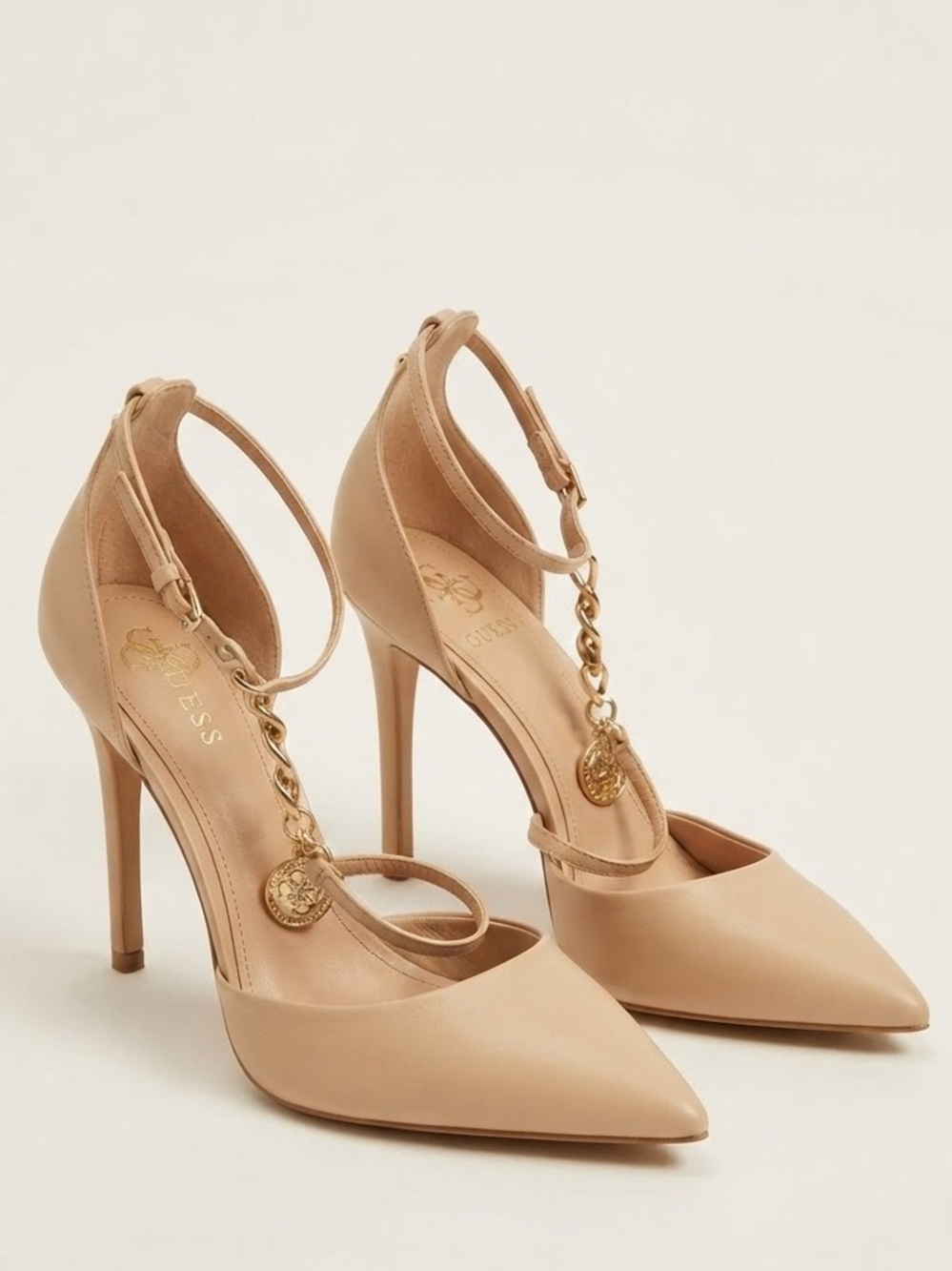Guess Nude Pointed-Toe Chain Ankle-Strap Heels